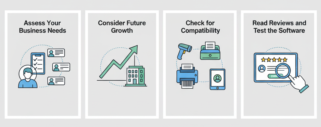 Four illustrated cards depicting steps to choose POS software
