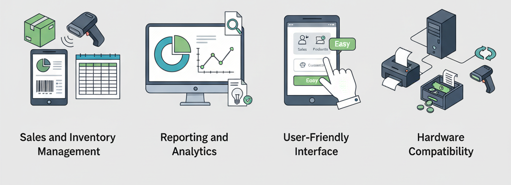 Four icons representing key features of POS software: Sales and Inventory Management, Reporting and Analytics, User-Friendly Interface, and Hardware Compatibility.
