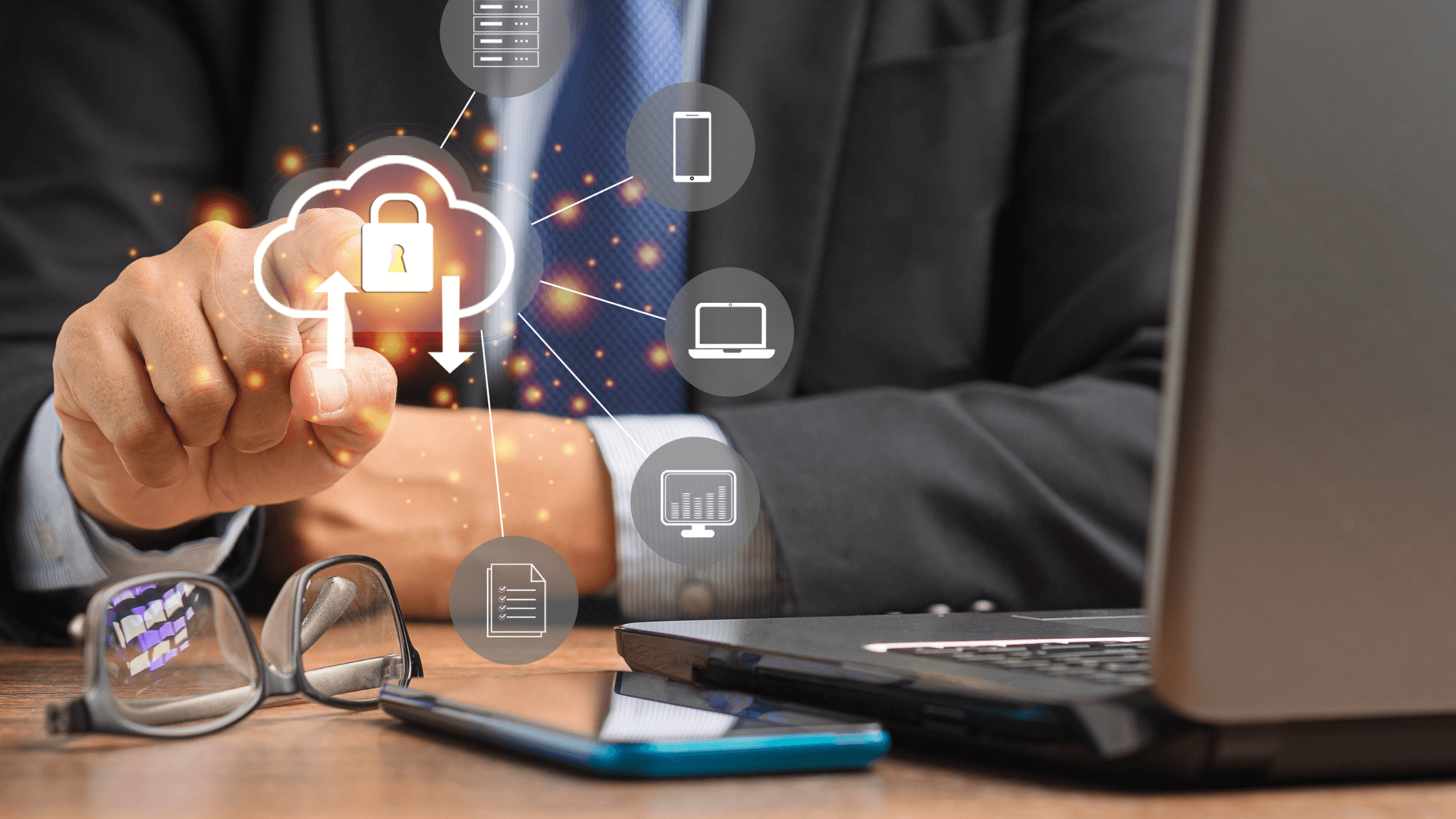 Businessman touching digital cloud icons representing data security.