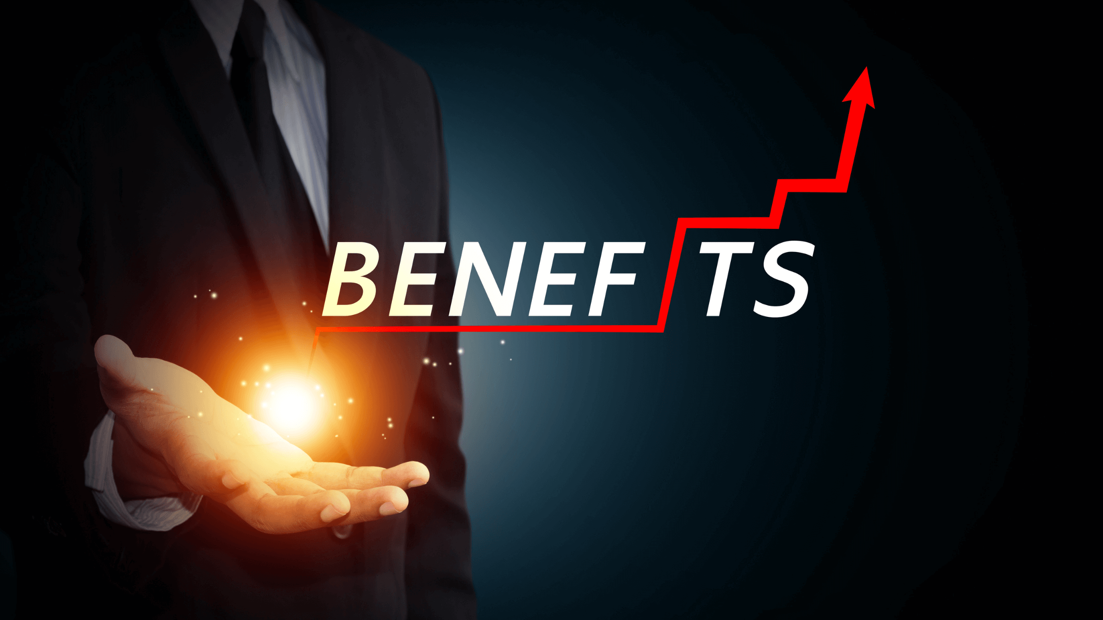 Businessperson holding a glowing icon with the word “Benefits” and an upward arrow.