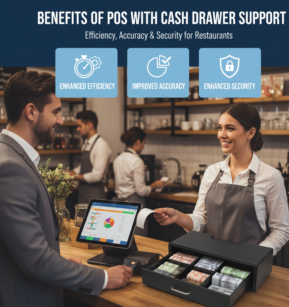 A barista interacts with a customer at a cafe counter, where a tablet POS system, card reader, and open cash drawer are visible. 