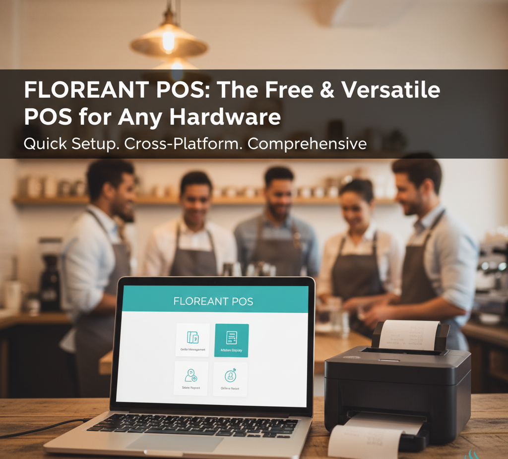 A laptop showing the Floreant POS interface, a receipt printer, and a blurry background of baristas in a café.