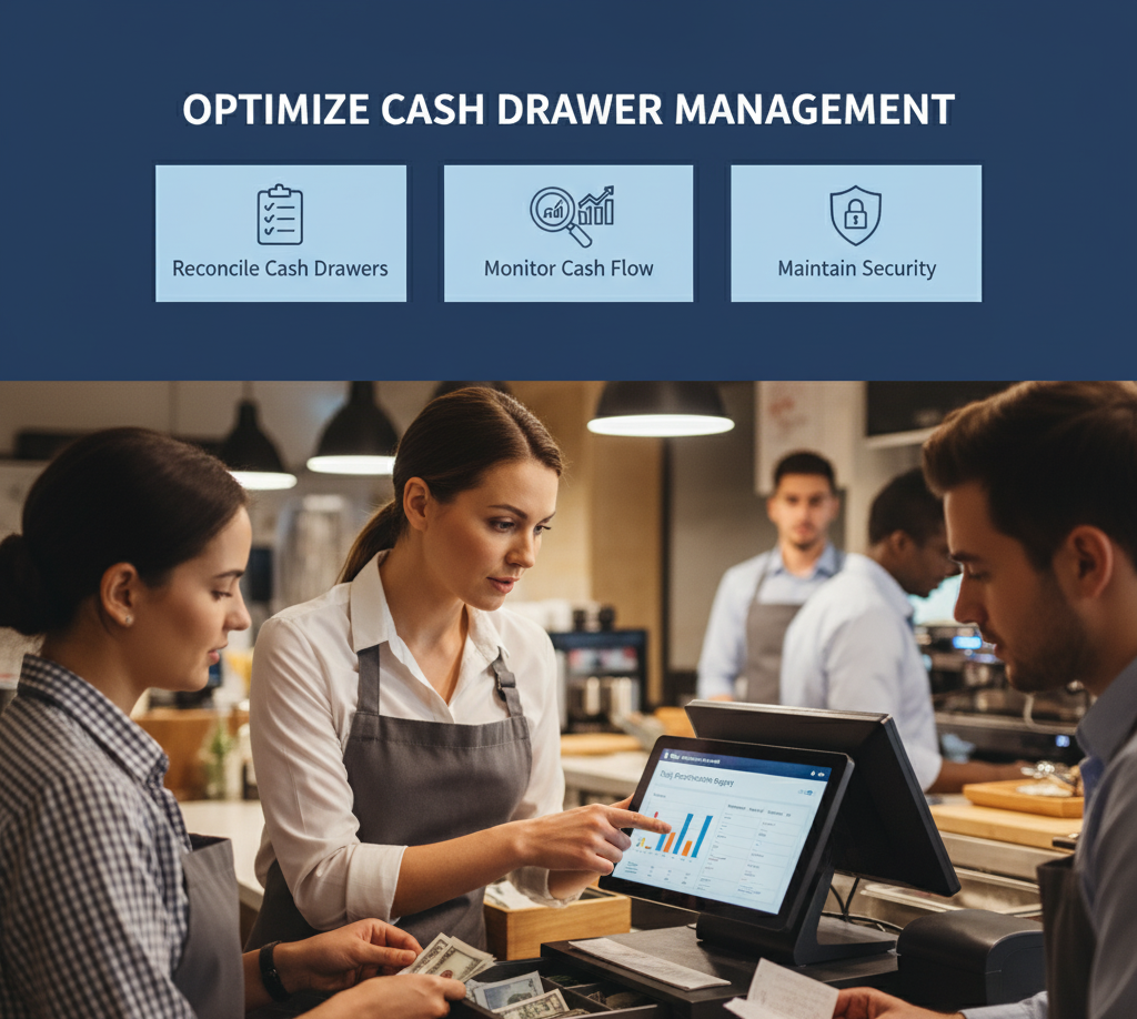 Two baristas are at a cafe counter with a POS tablet displaying a "Daily Reconciliation Report" and an open cash drawer.