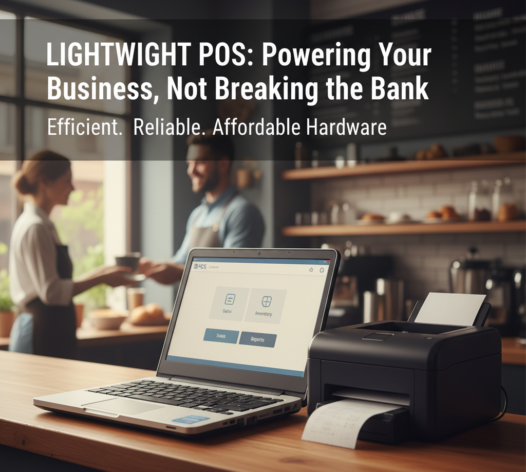 Lightweight POS software interface displayed on a laptop, paired with a cash drawer and receipt printer on a wooden cafe counter