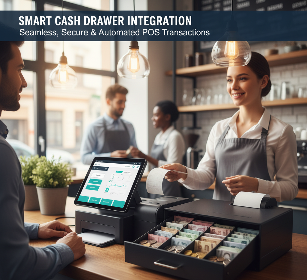 A smiling barista hands a receipt to a customer at a counter with a tablet-based POS system, receipt printer, and an open cash drawer filled with organized currency. 