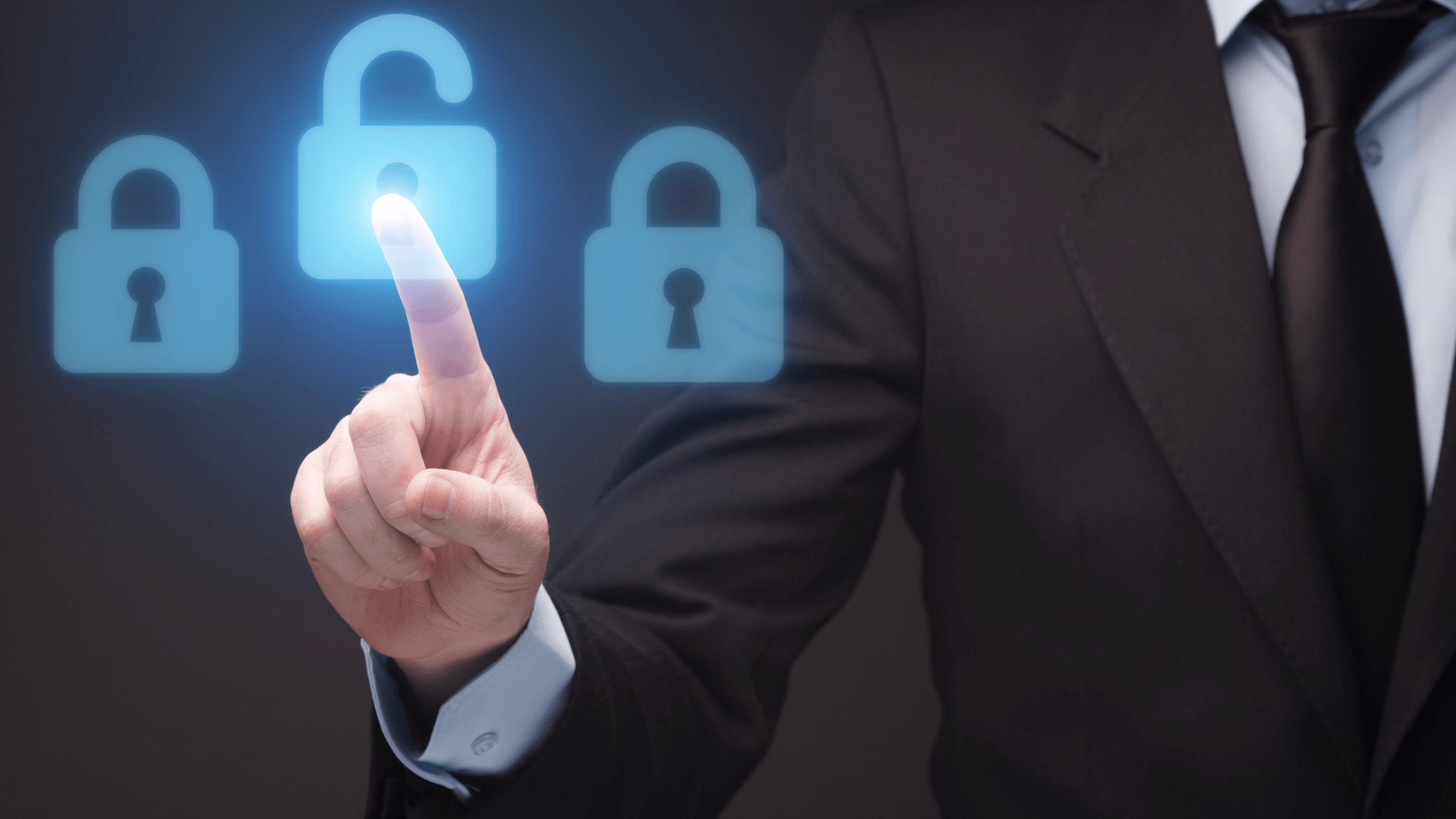 Businessperson tapping a glowing unlock icon representing system security.